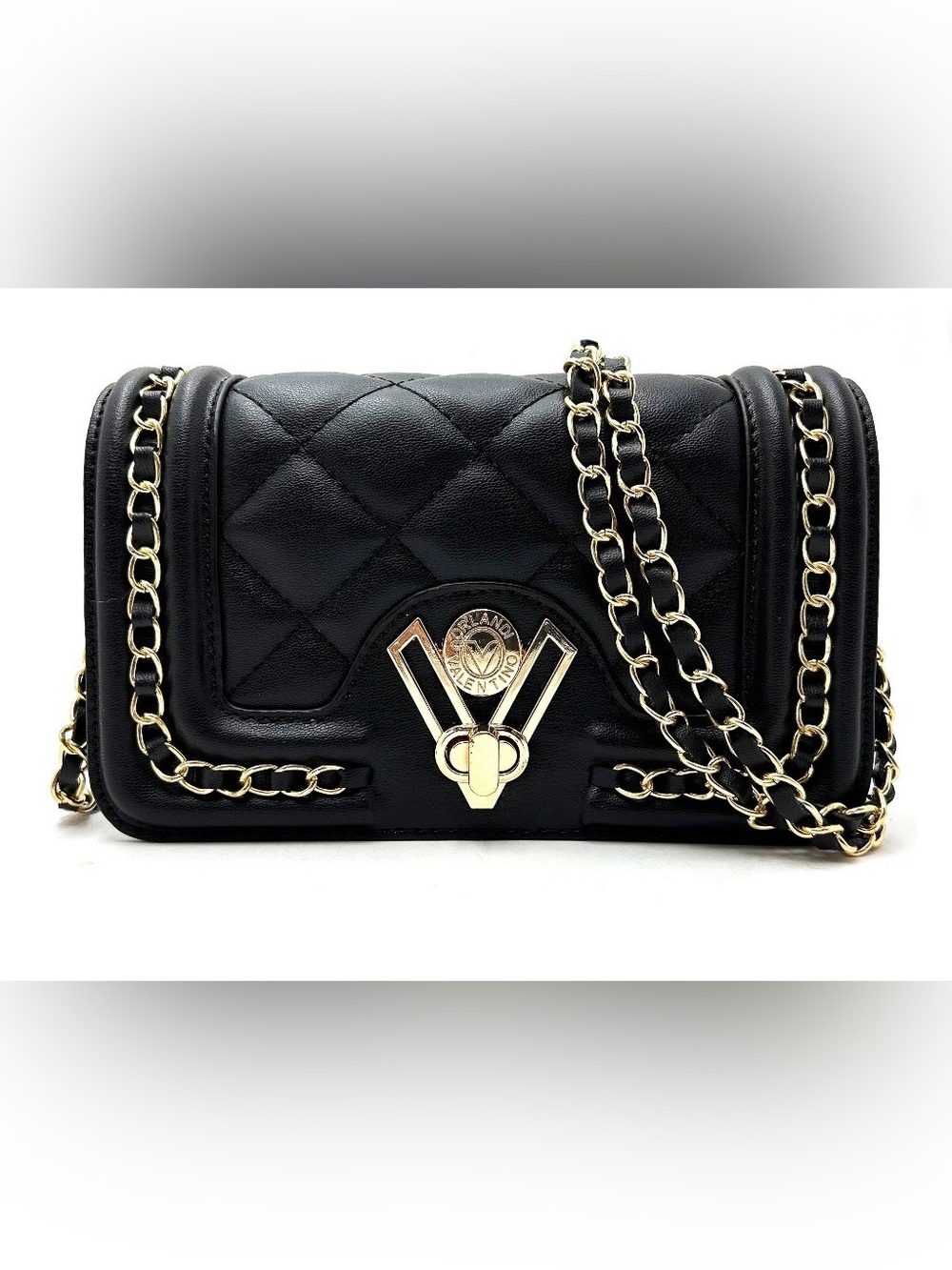Valentino Orlandi Black Quilted Faux-Leather Crossbody with Gold Chain & V-Lock